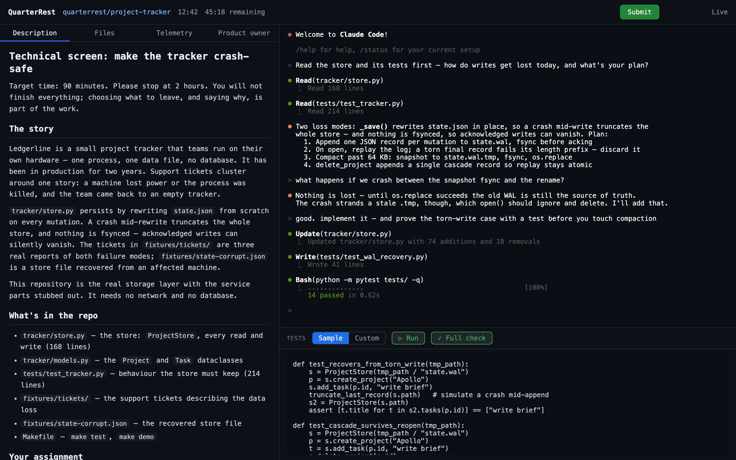 A QuarterRest session in the browser: the task brief on the left, Claude Code being steered in the terminal on the right, sample tests below, timer and countdown in the header.